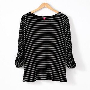 Vince Camuto Black & White Striped Ribbed Knit Top Ruched Sleeves 3X Plus Size